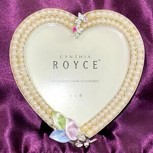 Heart Shaped Picture Frame Faux Pearls Silver Flower Lillies 4 x 4 Cynthia Royce